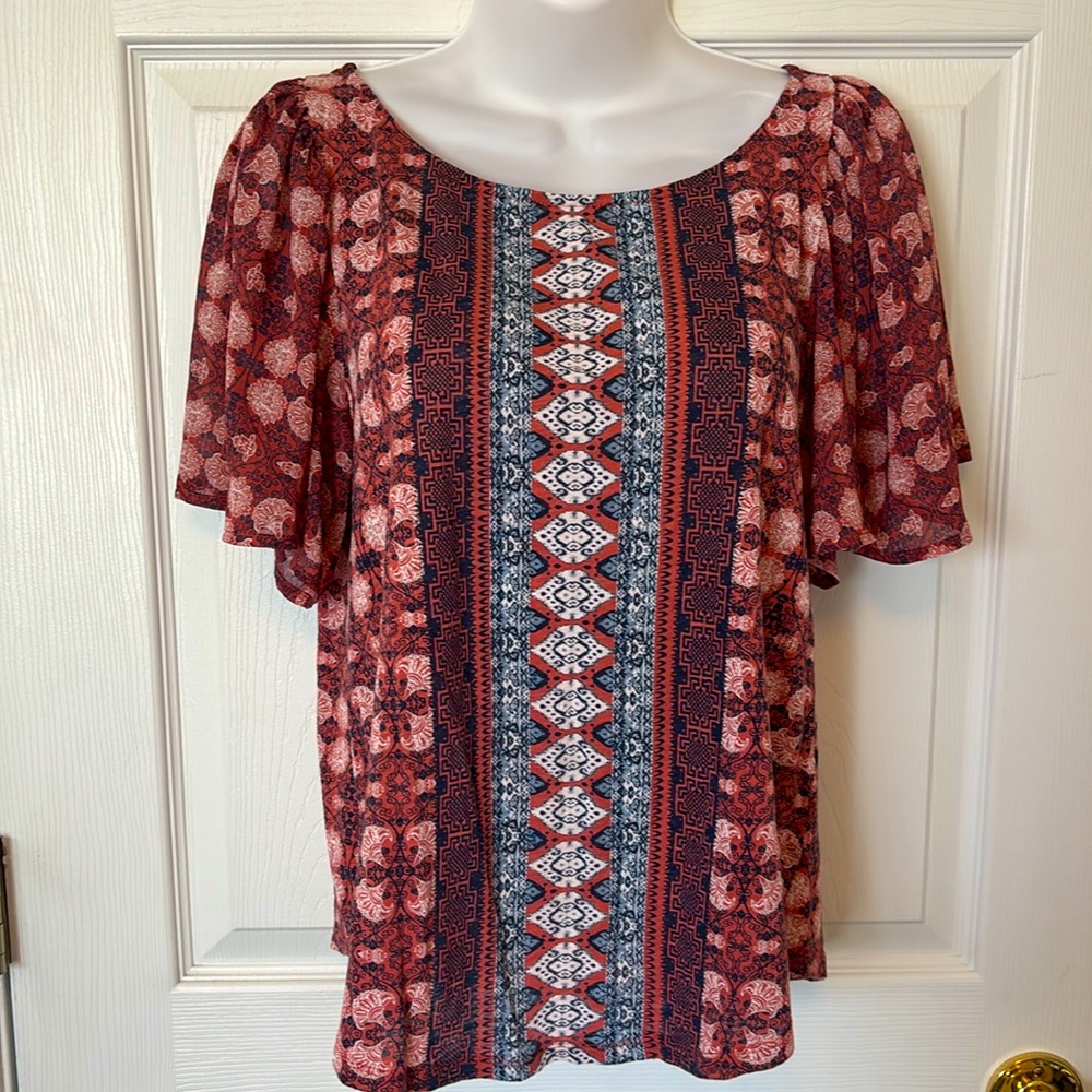 Lucky Brand Red & Blue Boho Patterned Top w/ Keyhole Back Size Medium